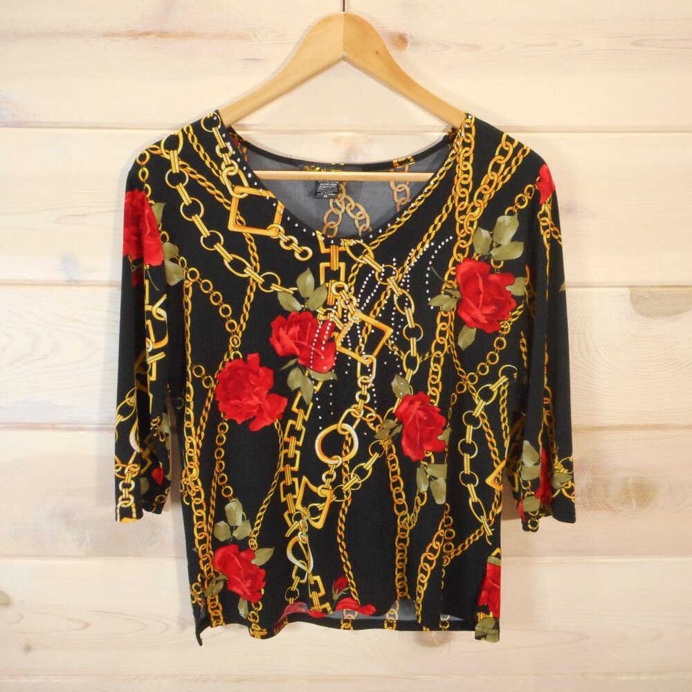 Valentina Women's M Blouse Black Roses and Jewelry Chains Rhinestone 3/4 Sleeve